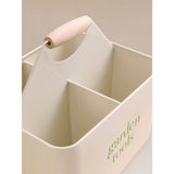 Cream decorative garden caddy with wooden handle, UK version
