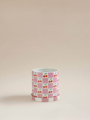 George Home checked plant pot with cherry design 15.5x14.5cm, UK version