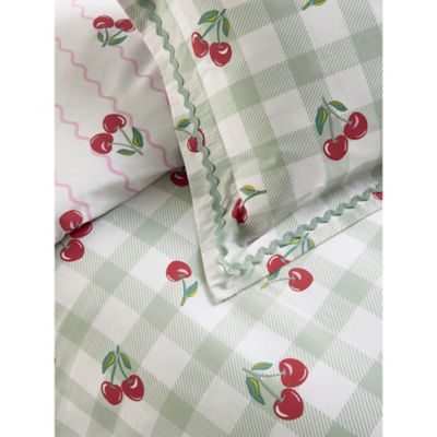 George Home green cherry gingham reversible duvet set single, imported from the UK