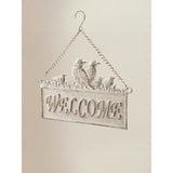 White hanging welcome sign, imported from the UK