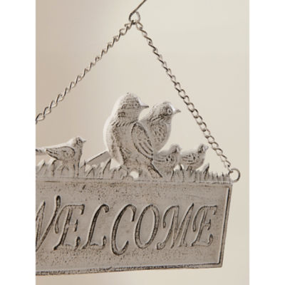 White hanging welcome sign, imported from the UK
