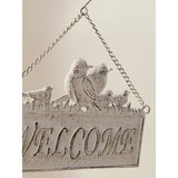 White hanging welcome sign, imported from the UK