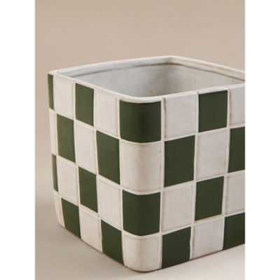 Ceramic planter green white check design 13cm, UK version