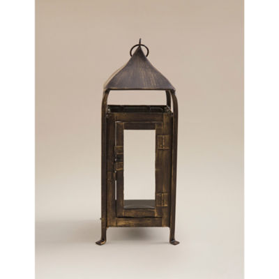 Brown rustic candle lantern with steel frame, UK version