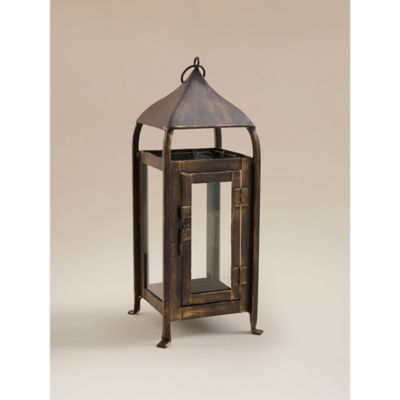 Brown rustic candle lantern with steel frame, UK version