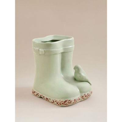 Green ceramic welly planter with bird decoration 13.5cm imported from the UK