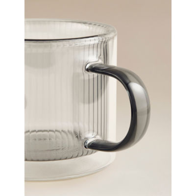 Grey ribbed smoked double wall glass mug 12x8.5x7.7cm - British product