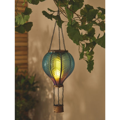 Blue hot air balloon solar light with flame effect LEDs, UK version