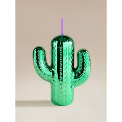 Green cactus plastic tumbler with straw - British product