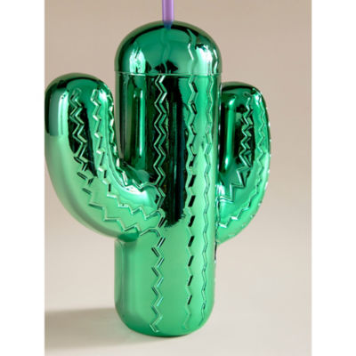 Green cactus plastic tumbler with straw - British product