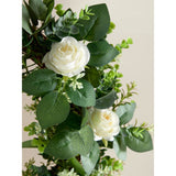 Topiary artificial white rose wreath with green foliage, UK version