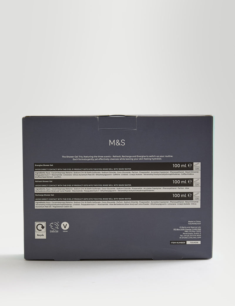 M&S Solutions Shower Gel Trio - Refresh, Recharge, Energise 3 x 100ml (British brand)