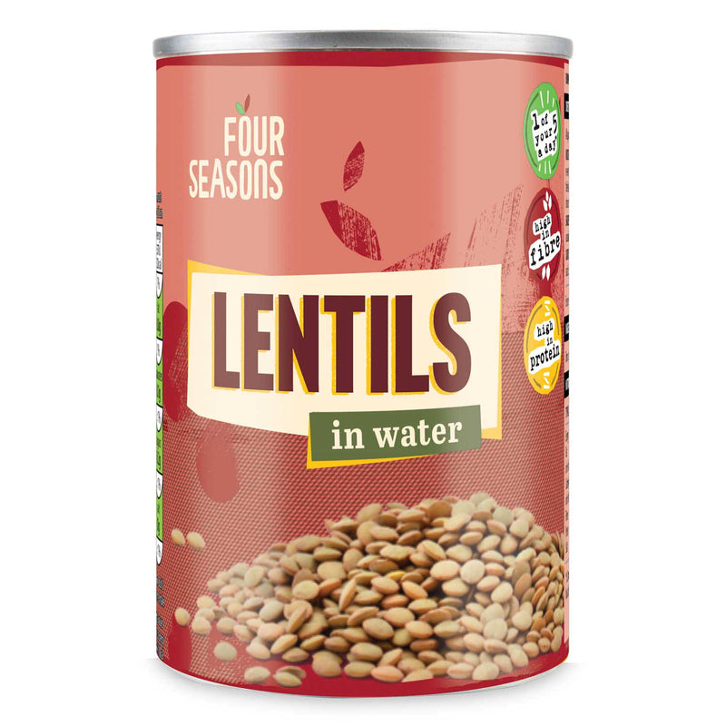 Tinned lentils in a can, a British pantry staple, imported from the UK