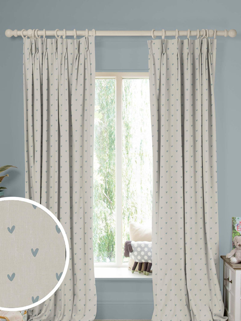 Sophie Allport Hearts curtains pale duck egg grey cotton, imported from the UK