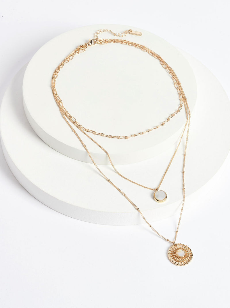 Gold tone floral 3 row necklace with shell pendant, UK version