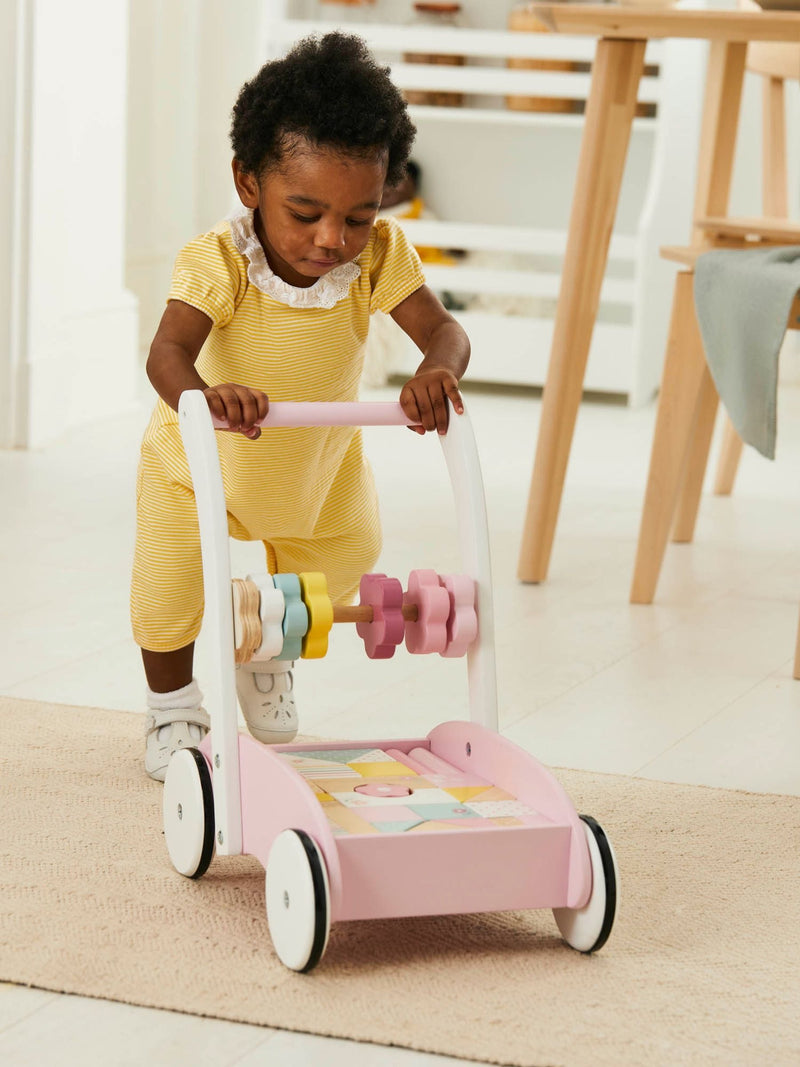 JoJo Maman Bébé pinker Holz-Lauflernwagen mit bunten Bausteinen, UK-Version