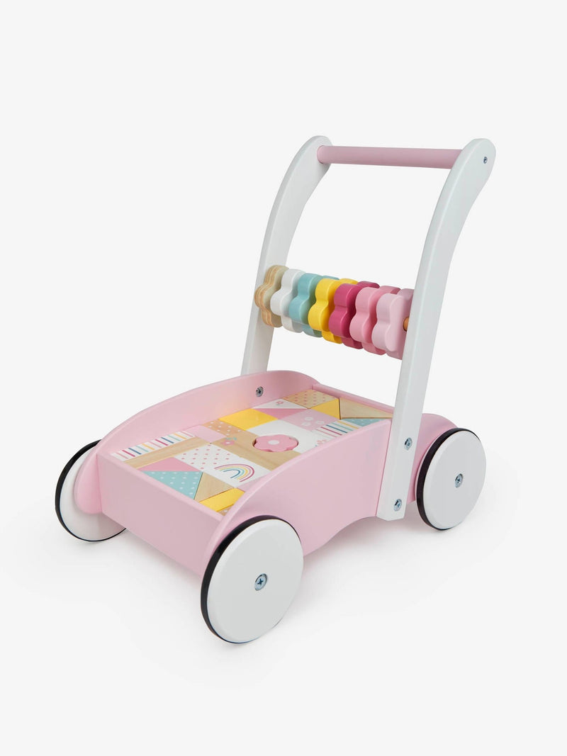 JoJo Maman Bébé pinker Holz-Lauflernwagen mit bunten Bausteinen, UK-Version