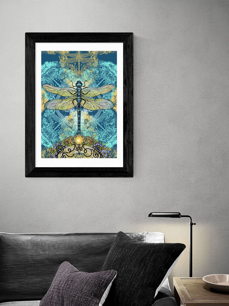 East End Prints teal blue dragonfly framed print - British product