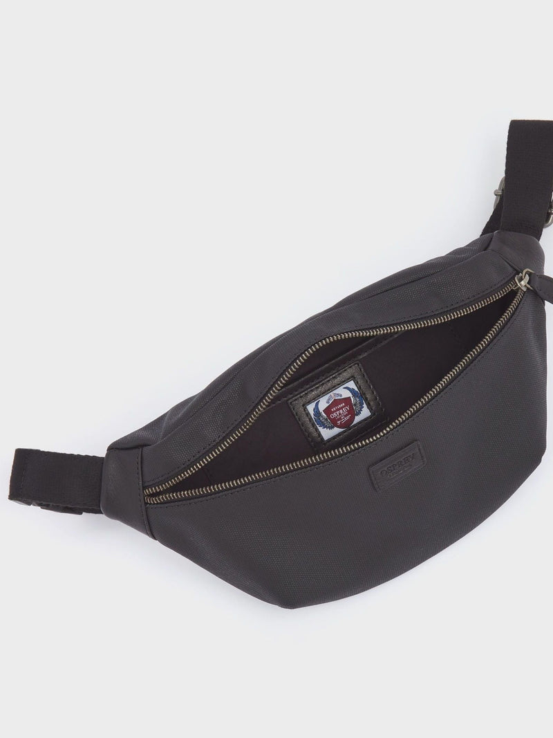 Osprey London Grantham bumbag in black waxed canvas and leather, imported from the UK