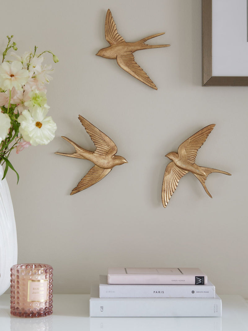Set of 3 gold swallow wall art plaques (British brand)