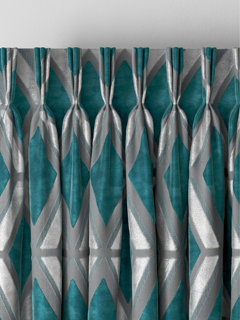 Teal Blue Collection geometric cut velvet made to measure curtains, UK version