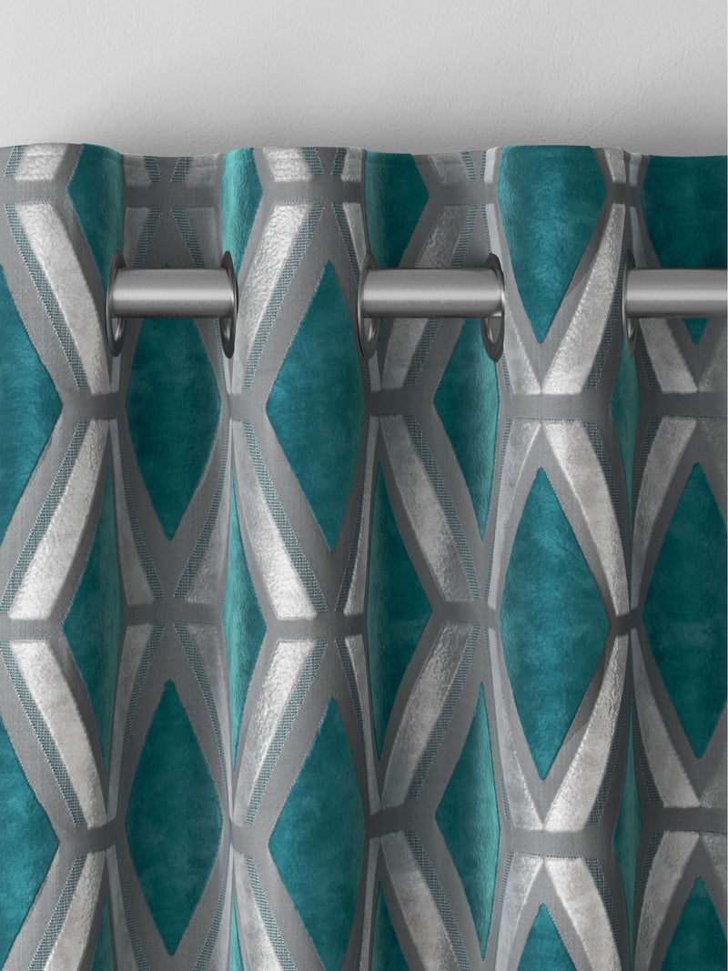Teal Blue Collection geometric cut velvet made to measure curtains, UK version