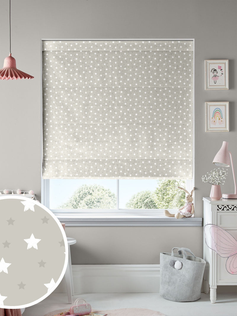 Roman blind with ditsy stars pattern in natural colour, imported from the UK