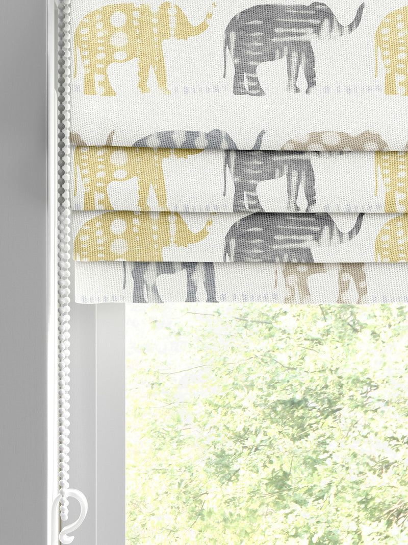 Roman blind lemon yellow with elephant pattern, imported from the UK