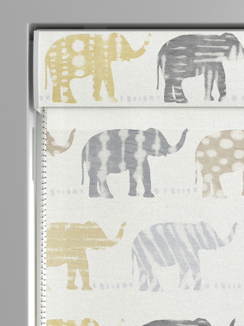 Roman blind lemon yellow with elephant pattern, imported from the UK