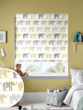 Roman blind lemon yellow with elephant pattern, imported from the UK