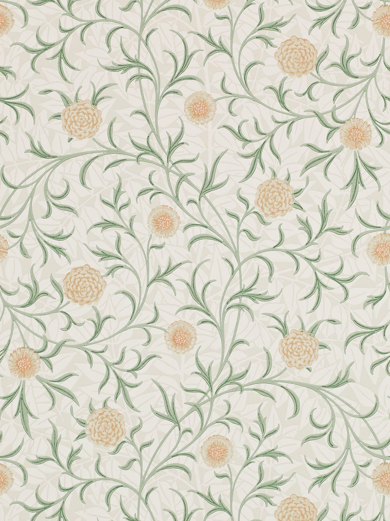 Morris & Co Green Scroll wallpaper with trailing leaves and marigolds (British brand)