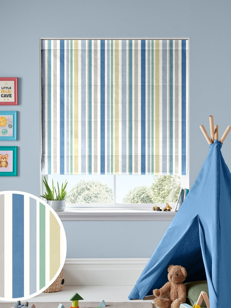 Roman blind in blue multi stripe pattern for kids bedroom, UK version