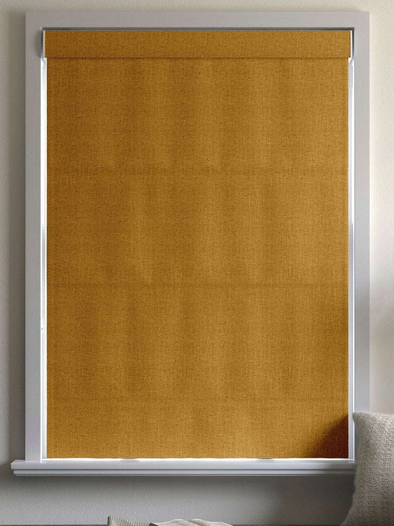 Harvi made to measure saffron yellow Roman blinds, imported from the UK