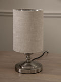 Brushed nickel Burford bedside table lamp with oatmeal shade, UK version