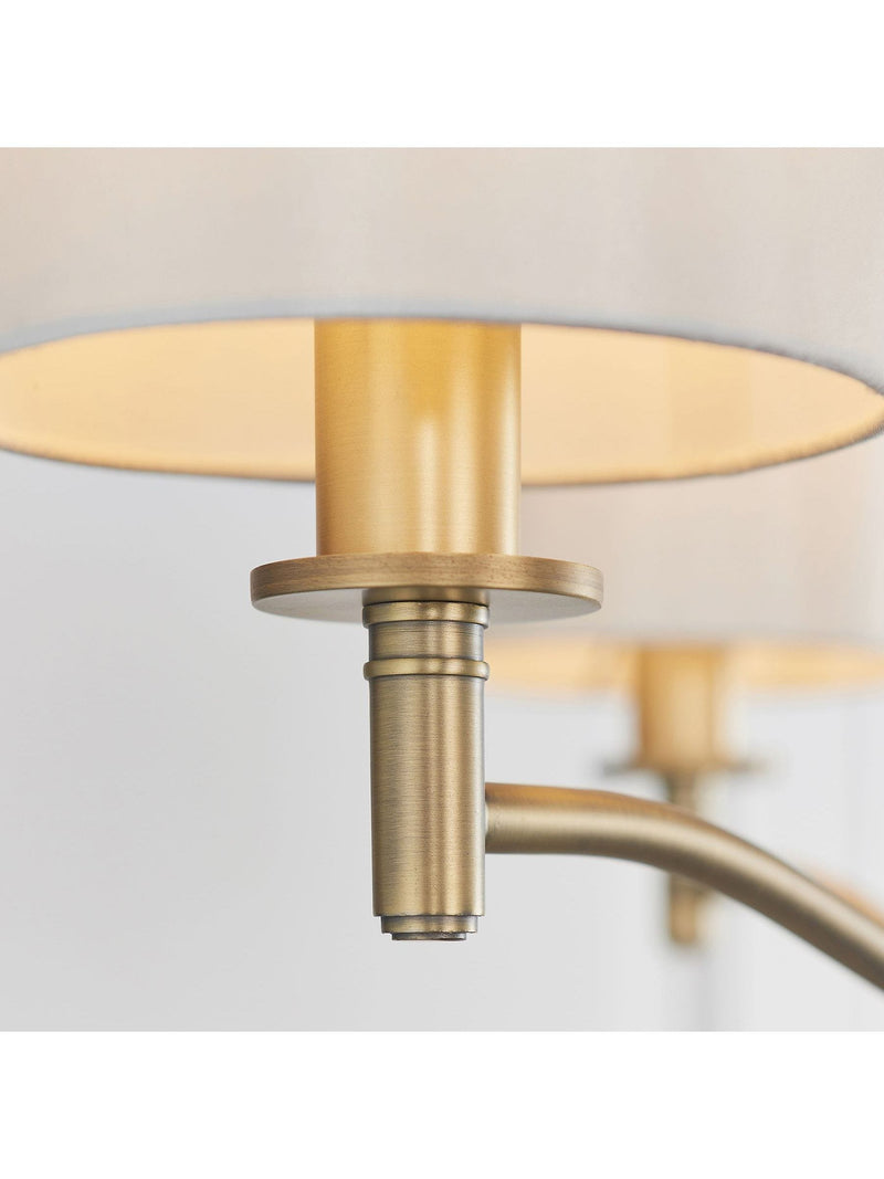 Gallery Home Gold Alma 3 bulb ceiling pendant with antique brass and silk shades, imported from the UK