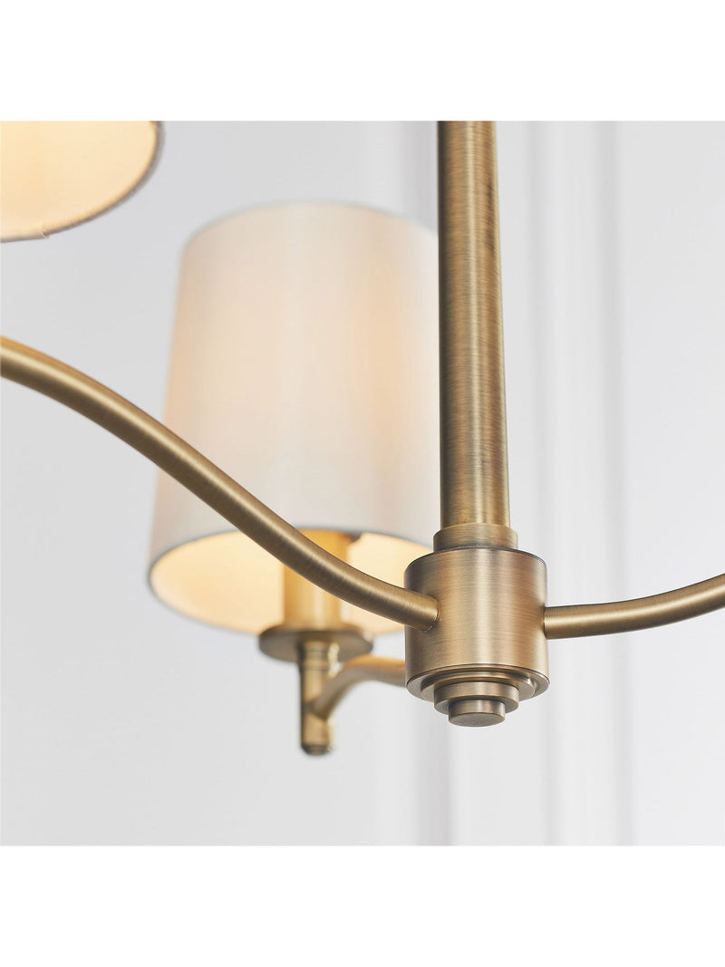 Gallery Home Gold Alma 3 bulb ceiling pendant with antique brass and silk shades, imported from the UK