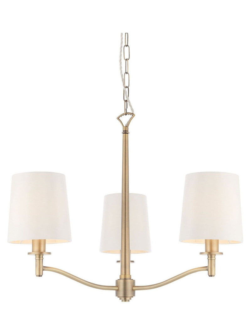 Gallery Home Gold Alma 3 bulb ceiling pendant with antique brass and silk shades, imported from the UK