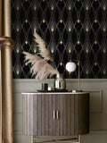 Black deco geometric wallpaper sample A4, imported from the UK