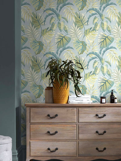 Next Duck Egg Blue Jungle Leaves A4 Wallpaper Sample- Buy online at McGrocer
