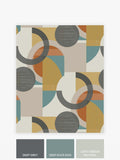 Retro Geometric wallpaper sample A4 in orange teal and yellow, imported from the UK
