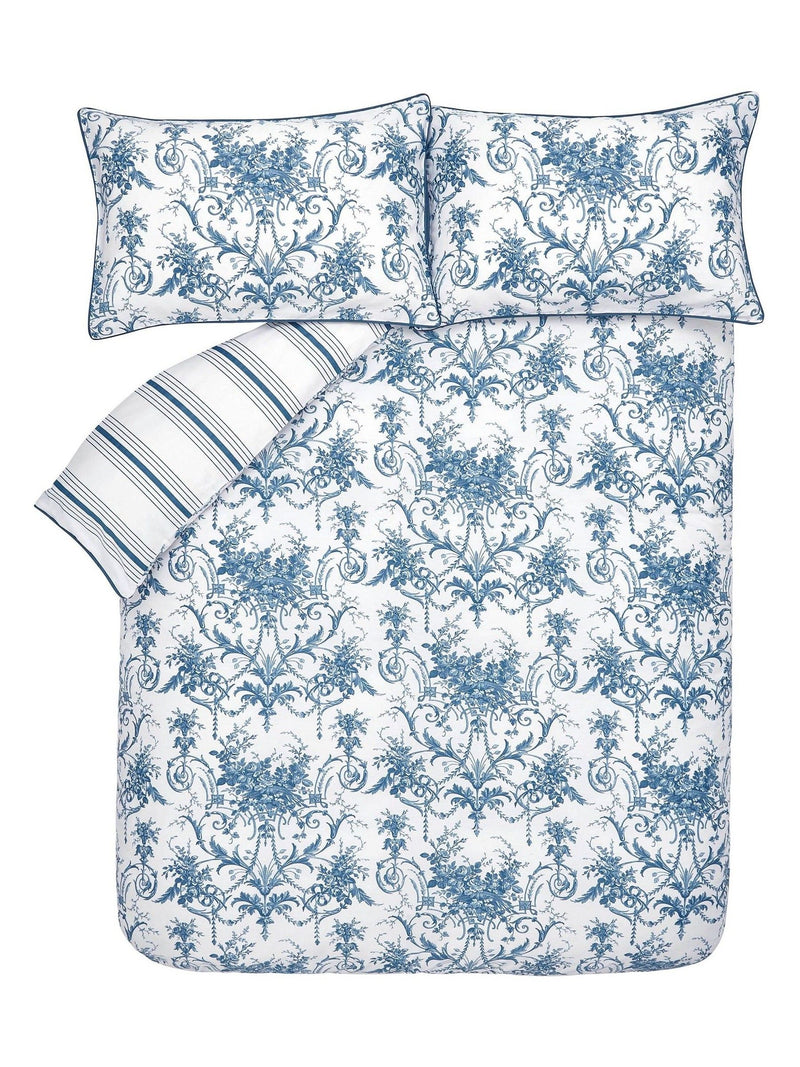 Laura Ashley Blue Midnight Reversible 100% Cotton Sateen 200 Thread Count Tuileries Duvet Cover and Pillowcase Set