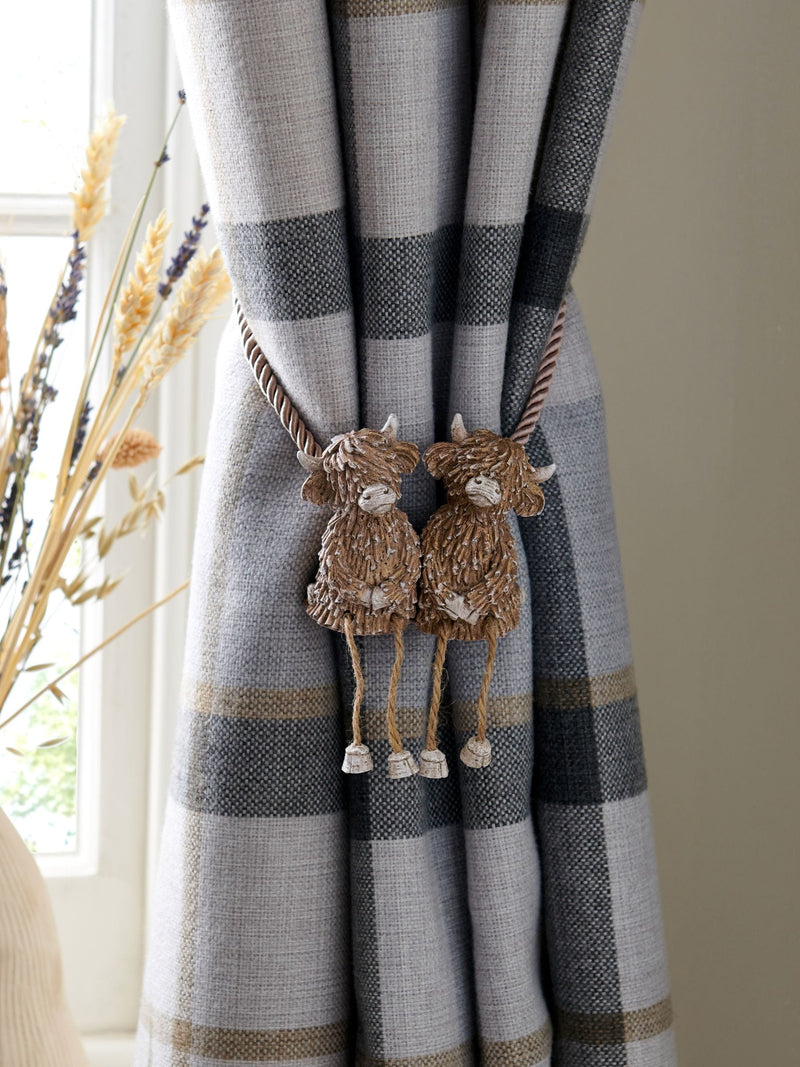 Hamish wood-effect magnetic Highland Cow curtain tiebacks, imported from the UK