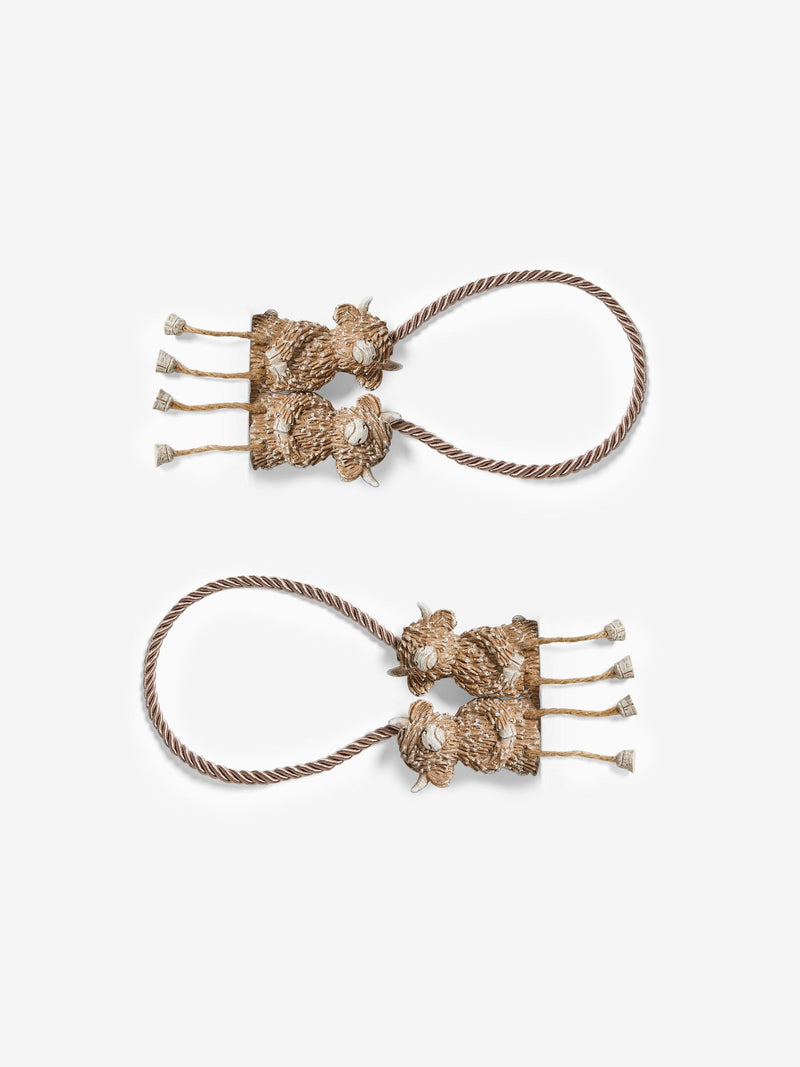 Hamish wood-effect magnetic Highland Cow curtain tiebacks, imported from the UK