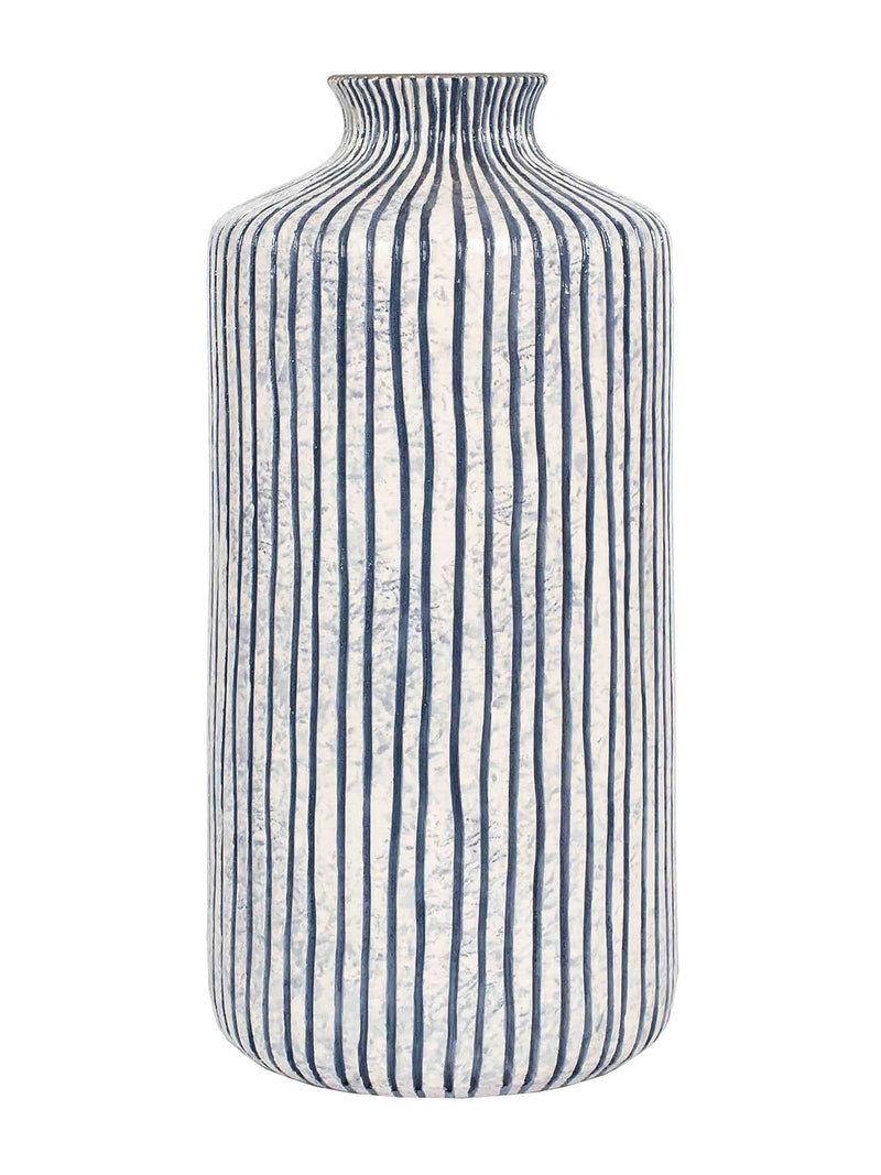 Pacific Blue/White Bude Stripe stoneware vase 36cm height, imported from the UK