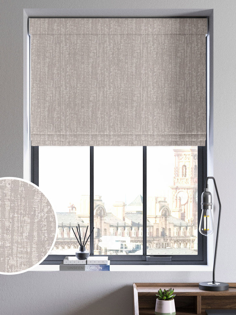 Silver Lenna grey roman blind with vertical texture, imported from the UK