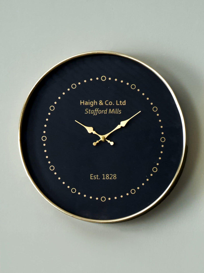 Pacific Black round wall clock with antique brass frame, imported from the UK