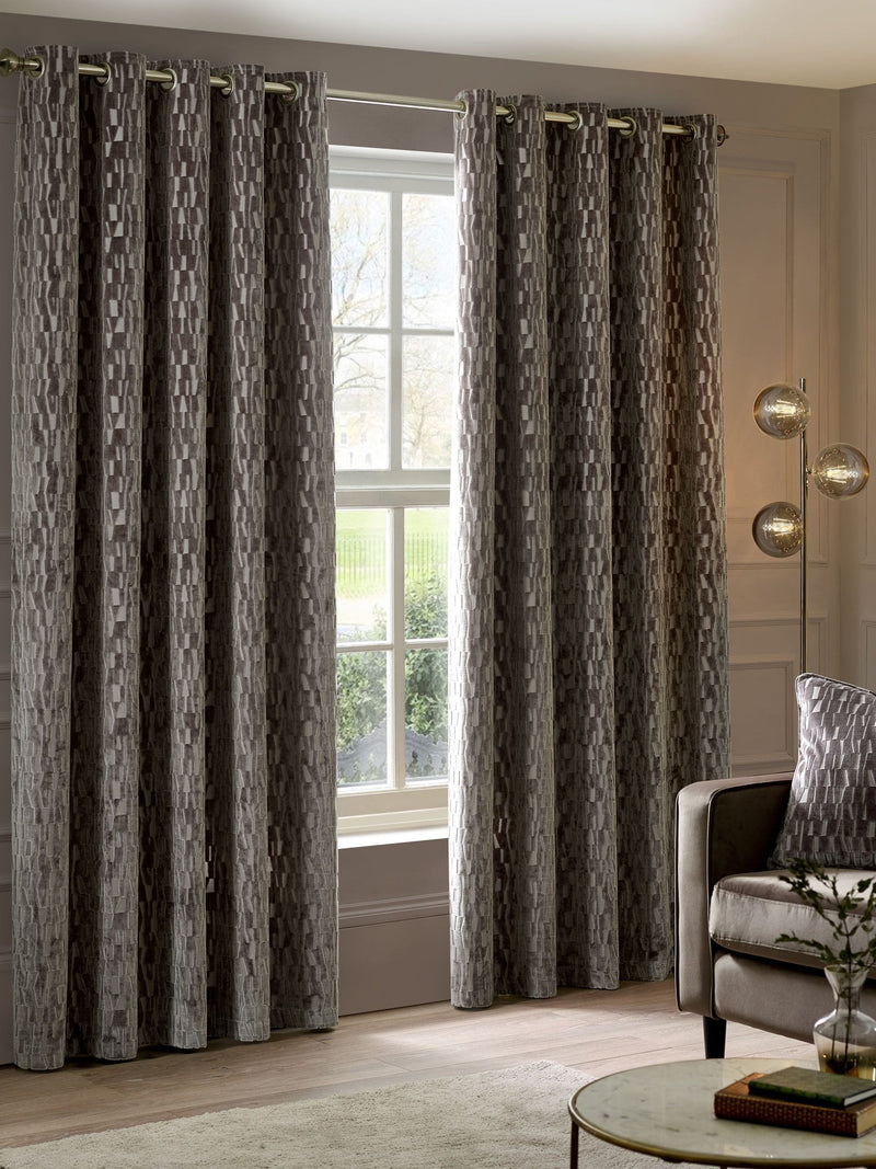 Paoletti brown Manhattan velvet fully lined eyelet curtains, UK version