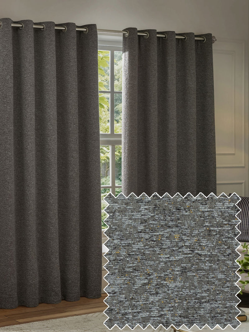 Paoletti Charcoal Grey Galaxy chenille curtains, imported from the UK