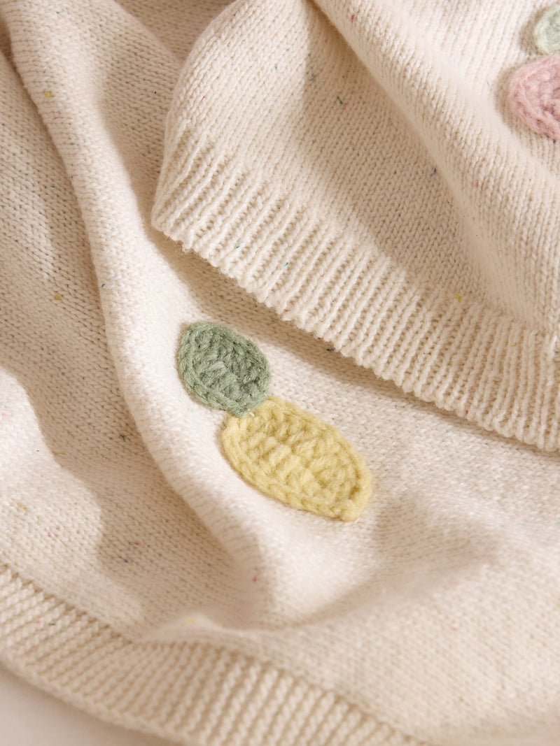 JoJo Maman Bébé knitted baby blanket with crochet fruit details, imported from the UK