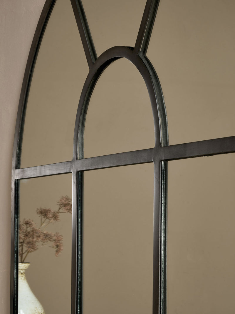 Nkuku black iron arch overmantle mirror, imported from the UK